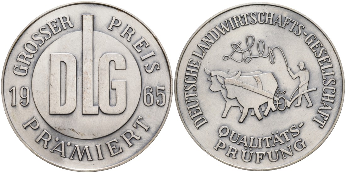 Германия медаль 1965 аудиторское общество по качеству, премирует главным призом DLG, диаметр 61 мм.  белый металл    1069-5-43