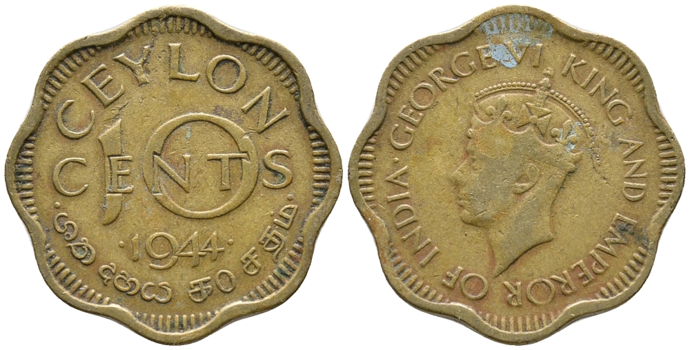 ЦЕЙЛОН 10 ЦЕНТОВ 1944 ГЕОРГ VI KM 118 никель латунь 34-822
