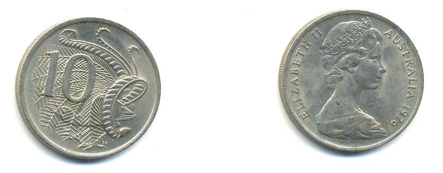 Австралия 10 центов 1976 Елизавета II (1952-), птица лирахвост KM 65 медно-никель 176-532