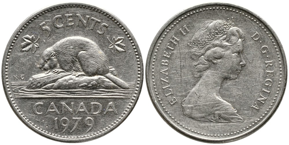 КАНАДА 5 ЦЕНТОВ 1979 ЕЛИЗАВЕТА II (1952-), БОБР, ВТОРОЙ ПОРТРЕТ В КОРОНЕ KM 60.2 никель 4543-651