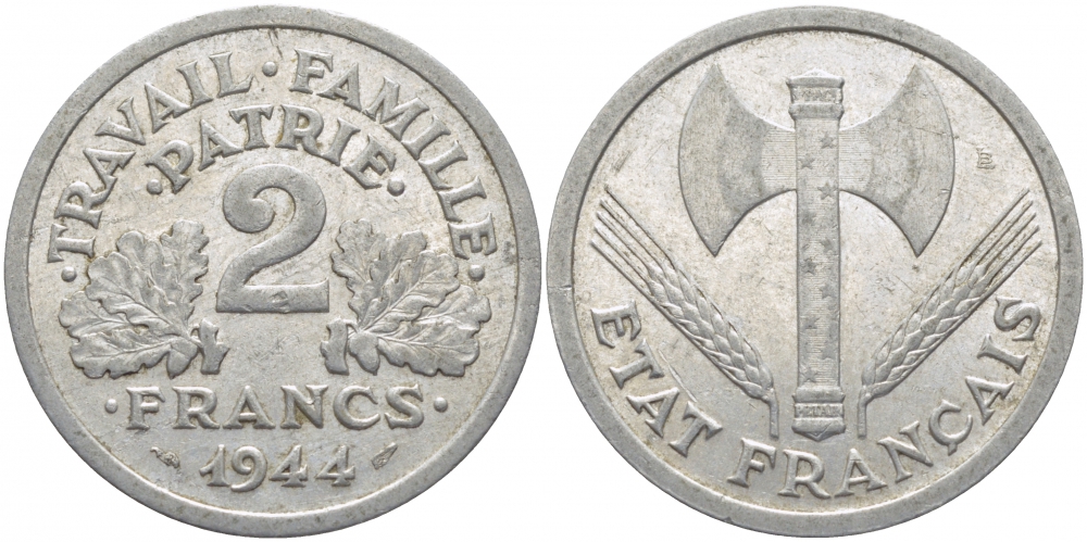 ФРАНЦИЯ 2 ФРАНКА 1944 ПРАВИТЕЛЬСТВО ВИШИ KM 904.1 алюминий 114-746