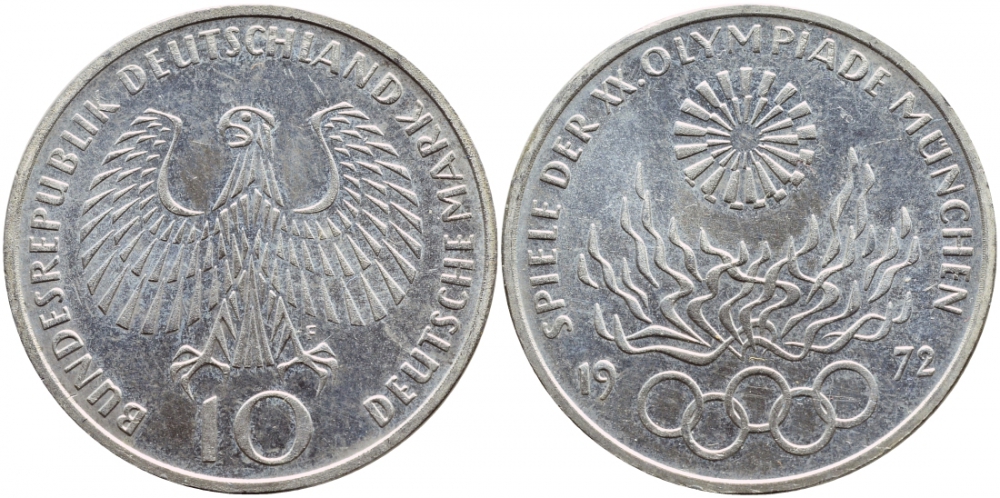 ФРГ 10 марок 1972 F, XX летние Олимпийские игры 1972 года в Мюнхене, олимпийский огонь KM 135, J.405 серебро UNC 1520-1513