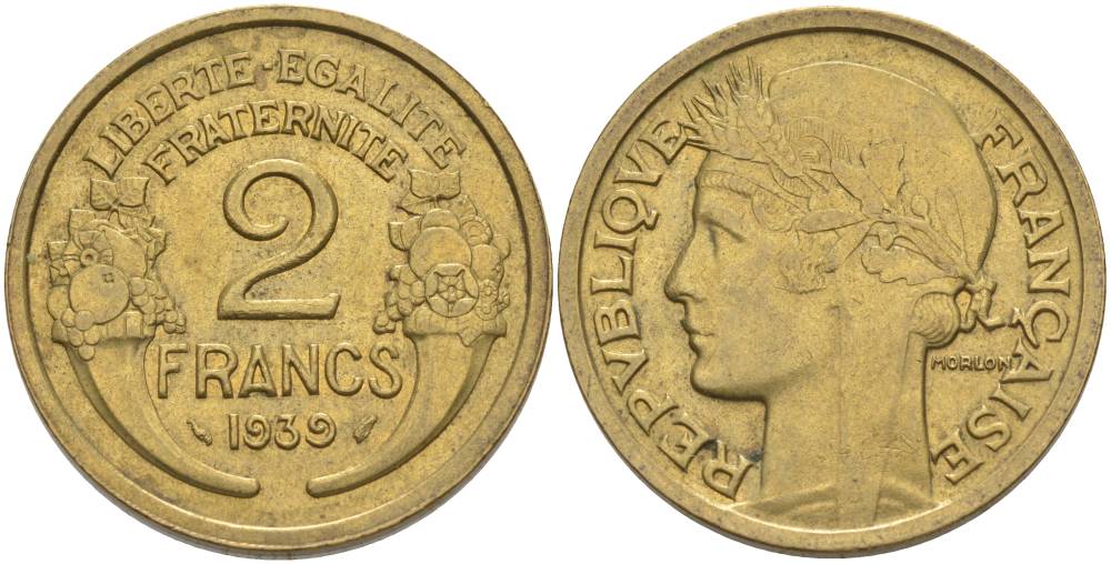 ФРАНЦИЯ 2 ФРАНКА 1939 ТИП MORLON KM 886, LE FRANC 268.12 алюминиевая бронза 3855-125