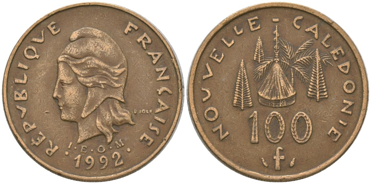 Французская Новая Каледония 100 франков 1992 хижина среди сосен и пальм, (IEOM) KM 15, Schoen 16, Lec 137 никель латунь 4140-723