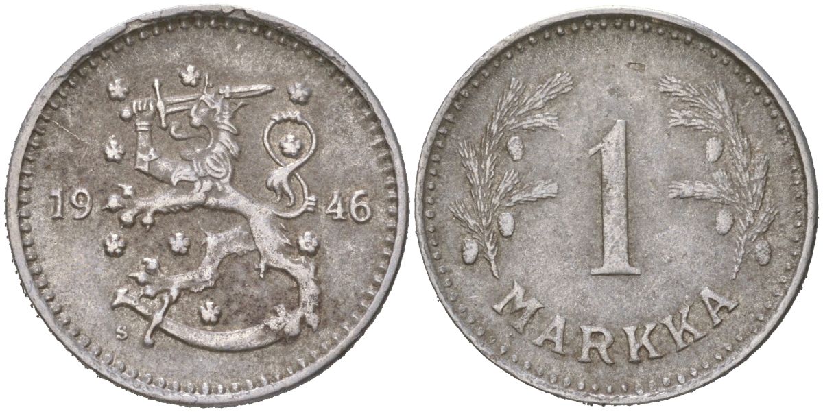 Финляндия 1 марка 1946 S KM 30b железо 4613-1116