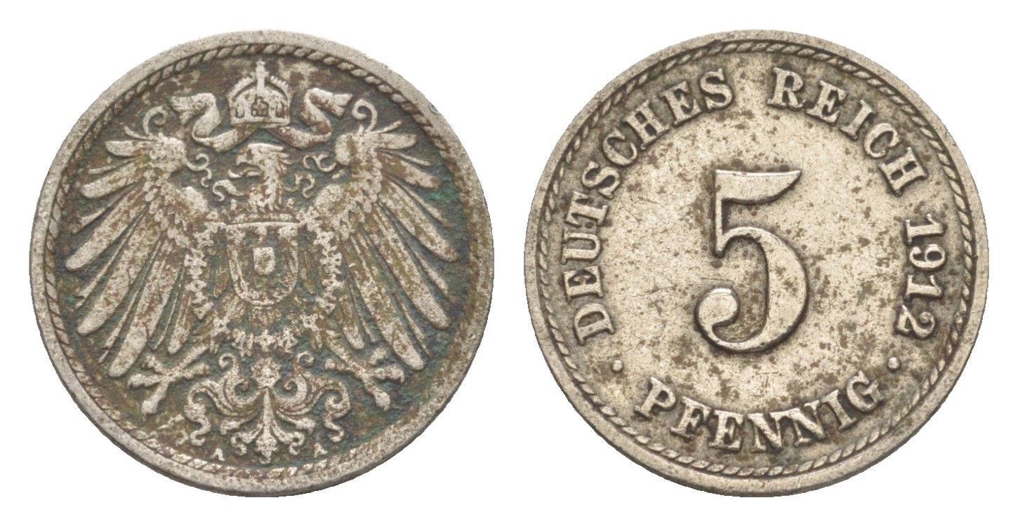 Германия 5 пфеннигов 1912 A, Вильгельм II (1888-1918) KM 11, J. 12 медно-никель 4647-866