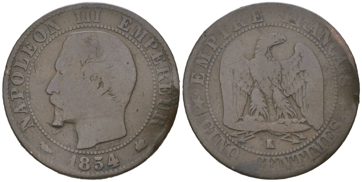 Франция 5 сантимов 1854 K, Наполеон III (1852-1870) KM 777.5 бронза 4582-1245