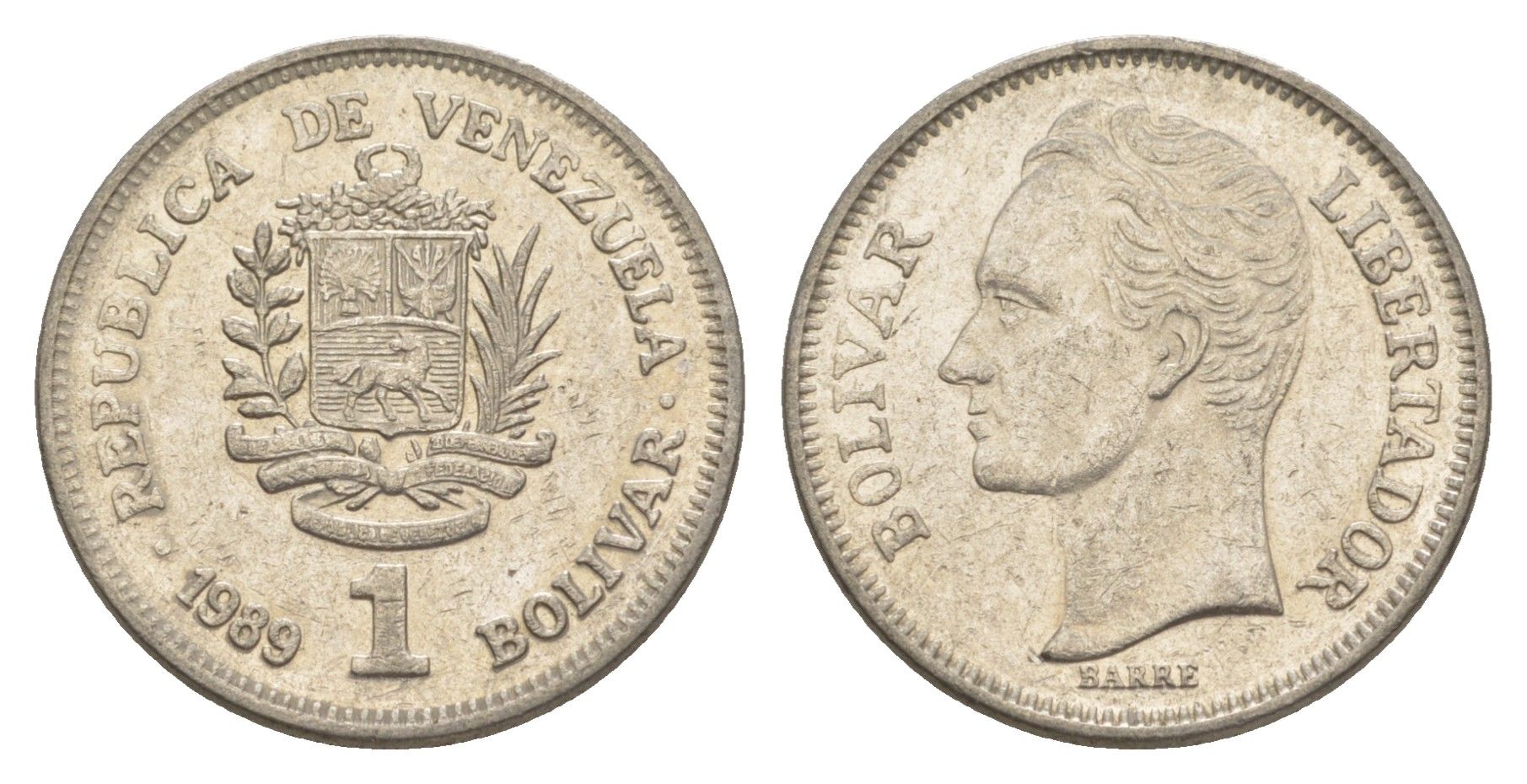 Венесуэла 1 боливар 1989 Симон Боливар, тонкий шрифт Y 52a.1 сталь плакированная никелем 4589-835