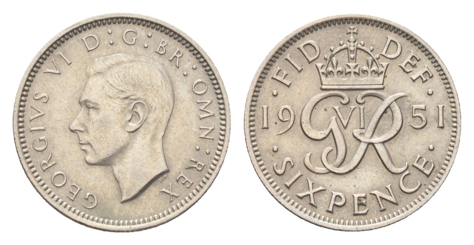 Великобритания 6 пенсов 1951 Георг VI (1936-1952) KM 875, Spink 4110 медно-никель 4705-432