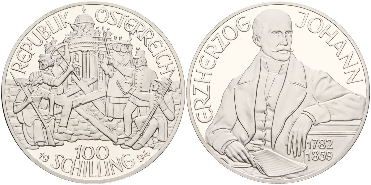 Австрия 100 шиллингов 1994 Эрцгерцог Иоганн, в коробке, с сертификатом подлинности KM 3020 серебро PROOF 3-4-4-07