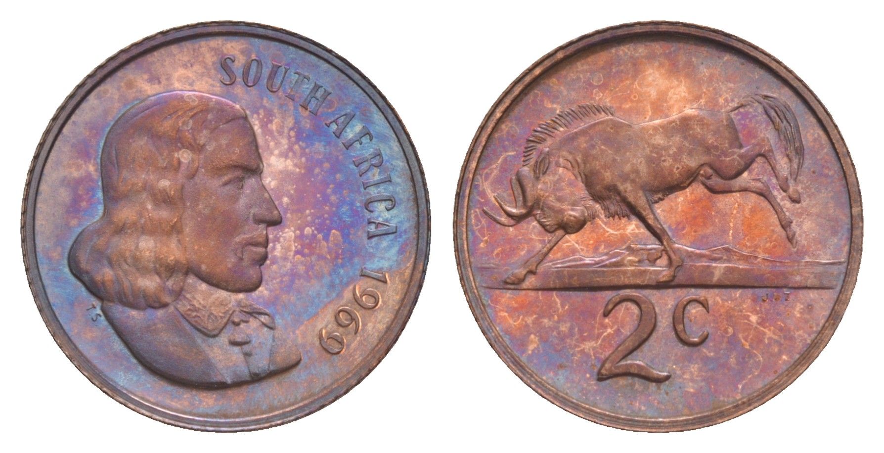 ЮАР 2 цента 1969 Ян ван Рибек (1619-1677), South Africa, легенда на английском, антилопа, тираж 12.000 экземпляров KM 66.1 бронза PROOF 603-1244