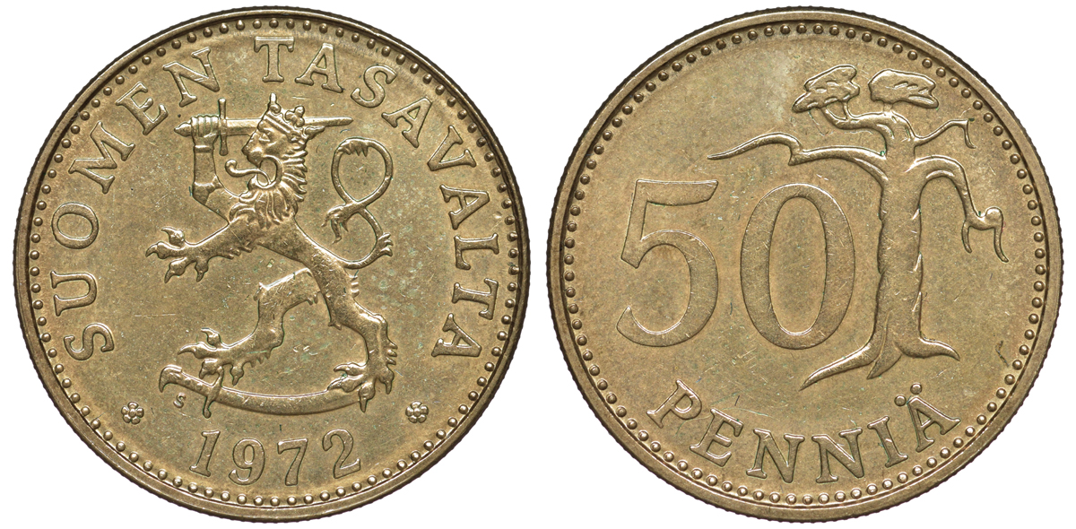 Финляндия 50 пенни 1972 S KM 48 алюминиевая бронза UNC 259-621
