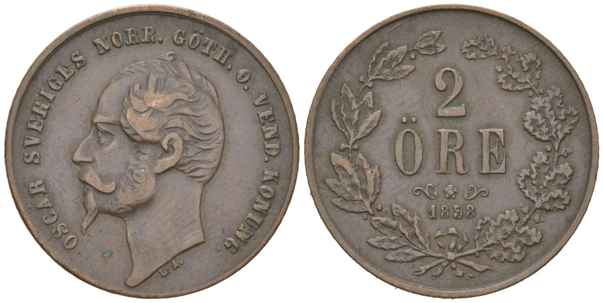 Швеция 2 эре 1858 Оскар I (1844-1859) KM 688 медь 110-651