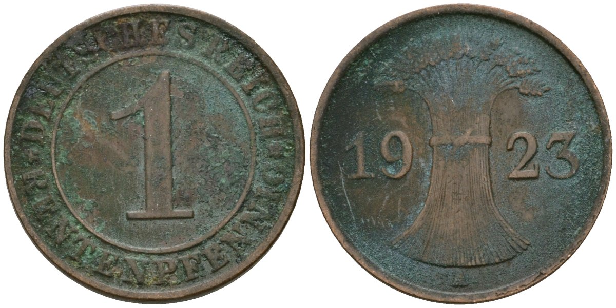 Германия 1 рентенпфенниг 1923 A KM 30, J. 306 бронза 4608-261