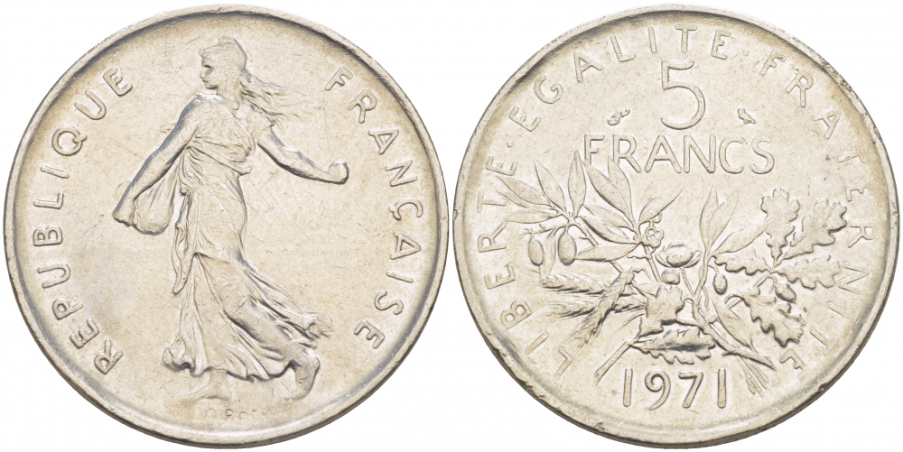 Франция 5 франков 1971 сеятель KM 926a.1, Le Franc 341.3 медно-никель плакированный никелем 109-816