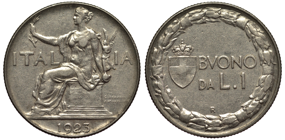 ИТАЛИЯ 1 ЛИРА 1923 R, ВИТОРИО ИМАНУИЛ III (1900-1946) KM 62 никель 55-143