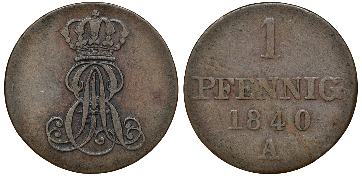 Ганновер 1 пфенниг 1840 A, Эрнст Август (1837-1851) KM 173.1, AKS 126, J. 54 медь 72-1039