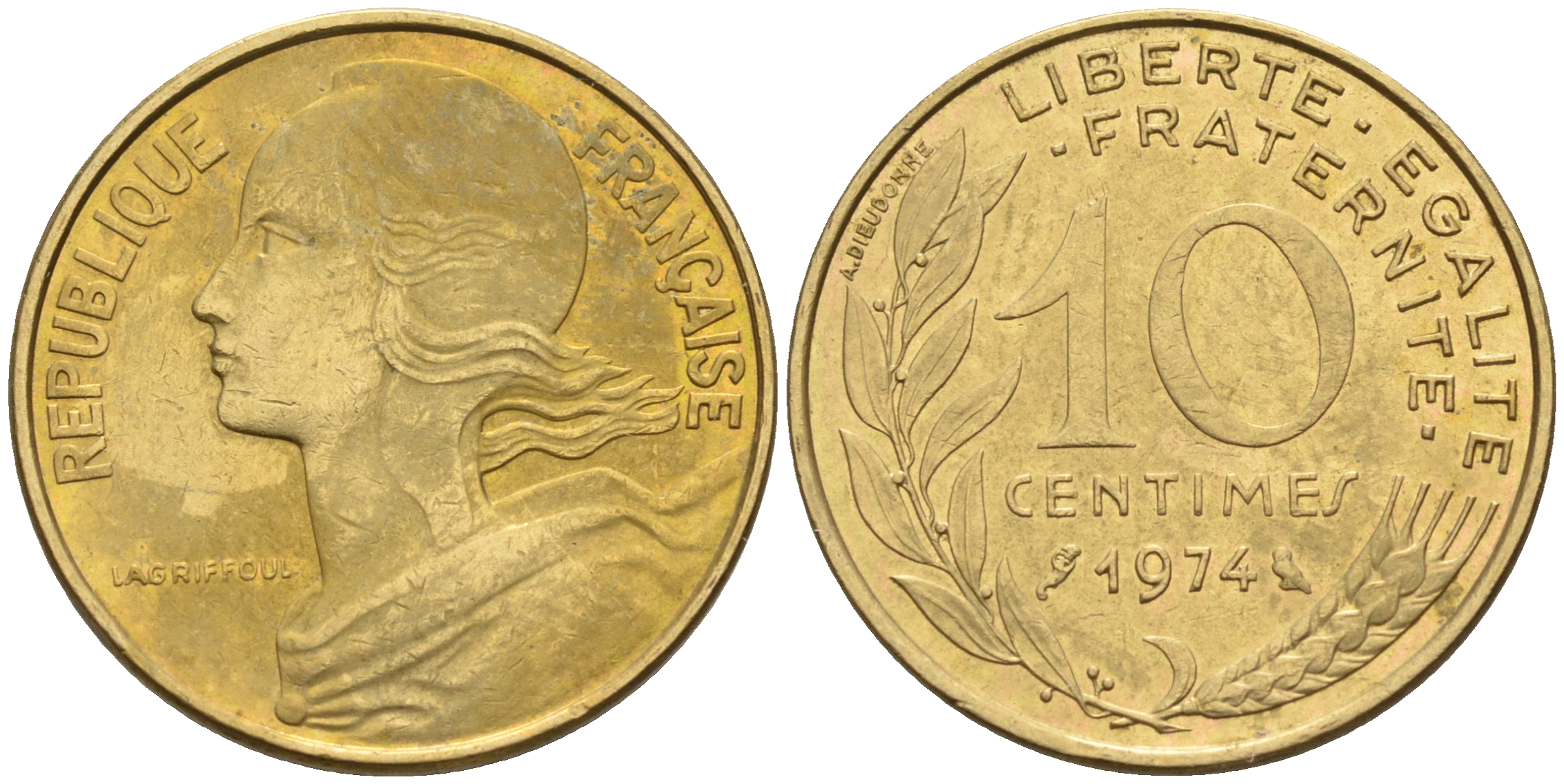 Франция 10 сантимов 1974 тип Марианна KM 929 медь алюминий никель 4594-1161