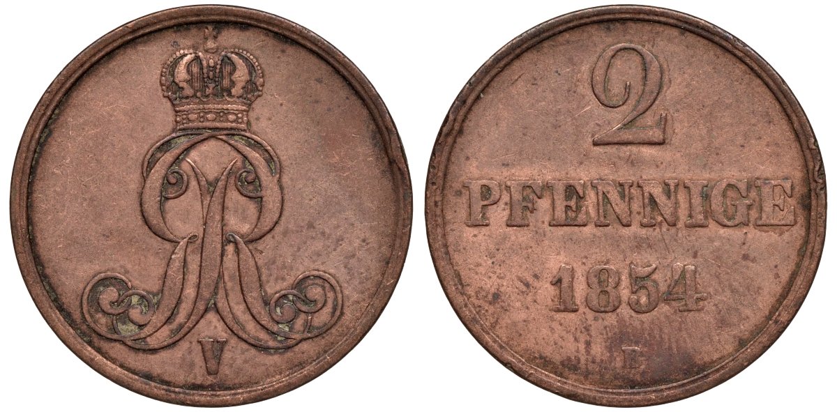 Брауншвейг-Каленберг-Ганновер 2 пфеннига 1854 B, Георг V (1851-1866) KM 217,aKS 152, J. 84 медь 4142-131