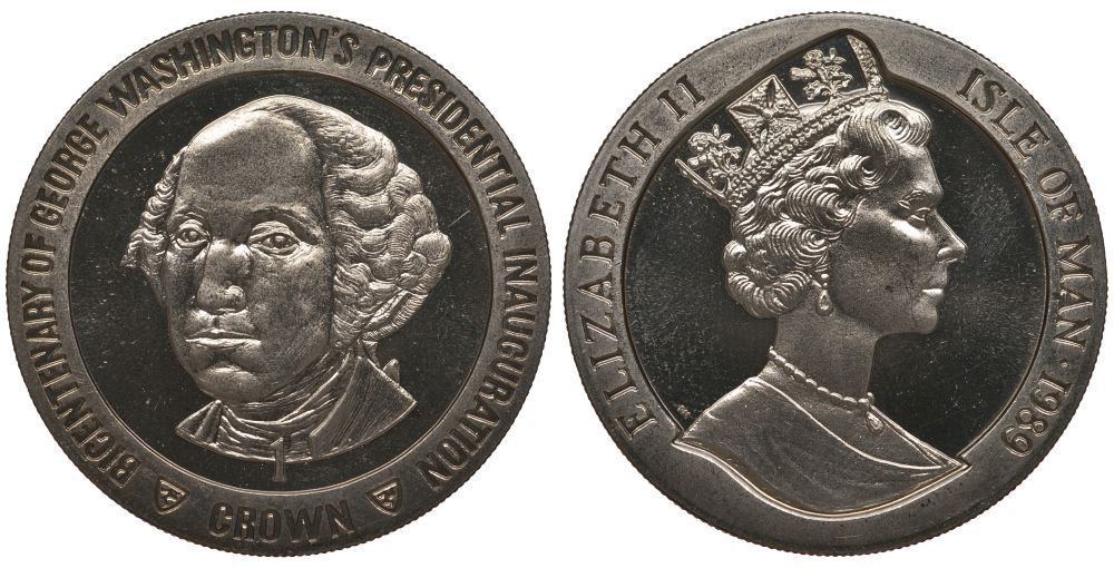 ОСТРОВ МЭН 1 КРОНА 1989 200 ЛЕТ ИНАУГУРАЦИИ ПРЕЗИДЕНТА ВАШИНГТОНА, ГОЛОВА ВАШИНГТОНА KM 247 медно-никель UNC 1078-4-42