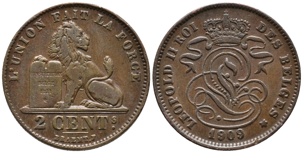 БЕЛЬГИЯ 2 САНТИМА 1909 BELGES KM 35.1 медь 34-1121
