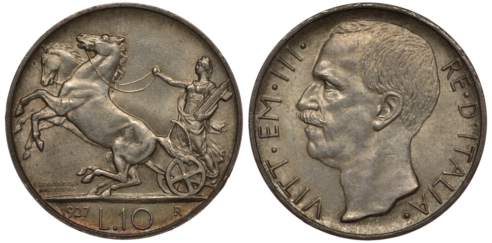 Италия 10 лир 1927 R, Рим KM 68.1 серебро UNC 00-000-00