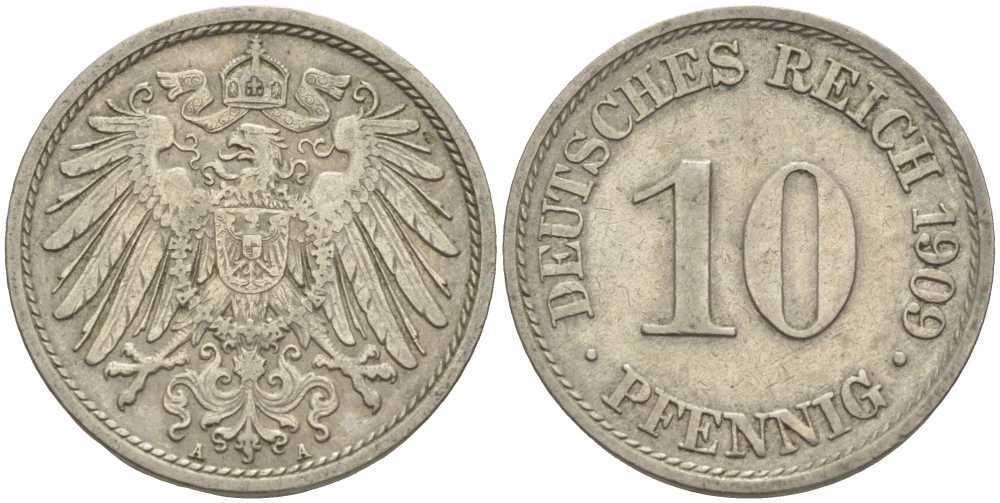 ГЕРМАНИЯ 10 ПФЕННИГОВ 1909 A KM 12, J. 13 медно-никель 31-624