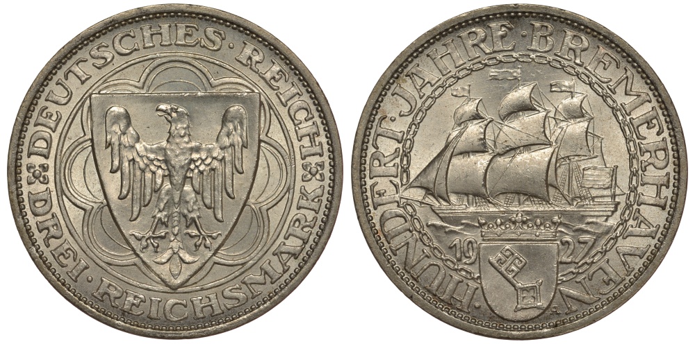 Германия 3 марки 1927 A, 100 летие основания Бремерхафена J. 325, KM 50 серебро 00-804-66