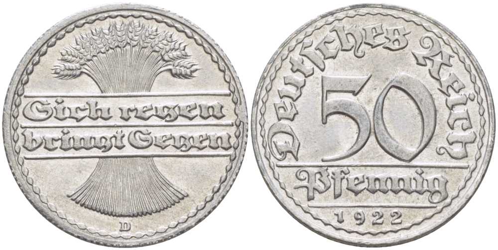 ГЕРМАНИЯ 50 ПФЕННИГОВ 1922 D KM 27, J. 301, Weege 10 алюминий 261-812