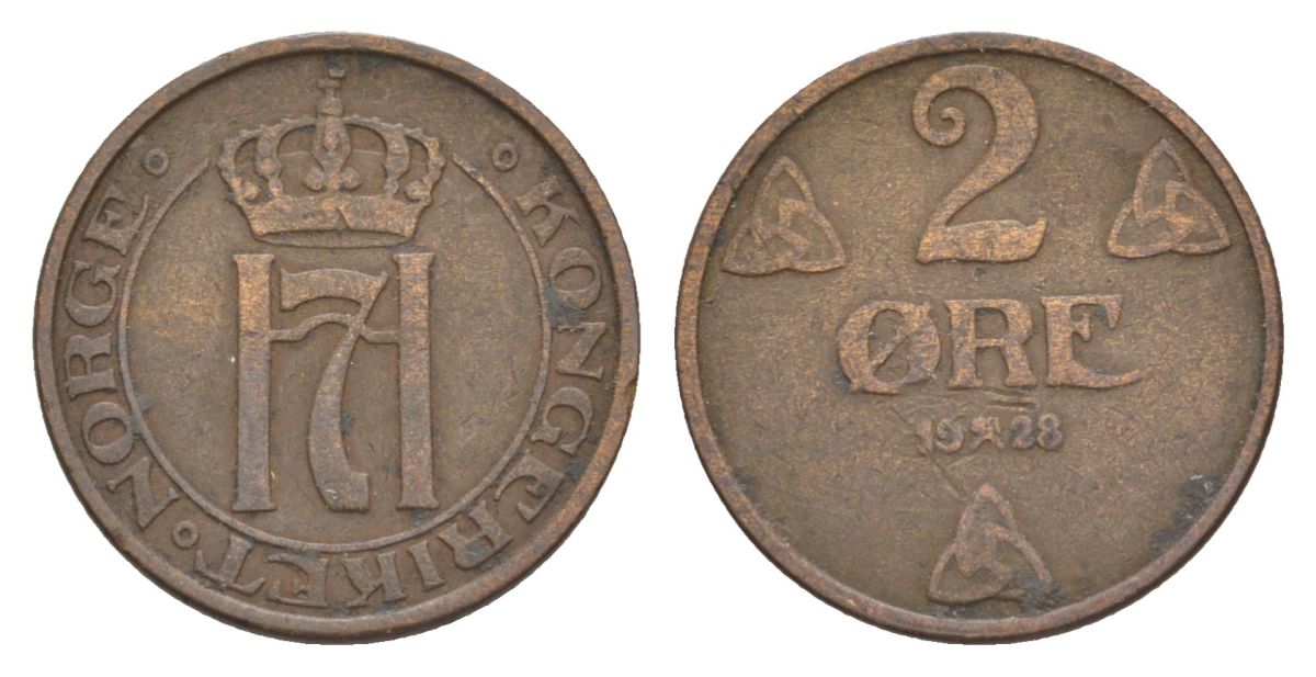 Норвегия 2 эре 1928 Хокон VII (1905-1957) KM 371 бронза 4635-253