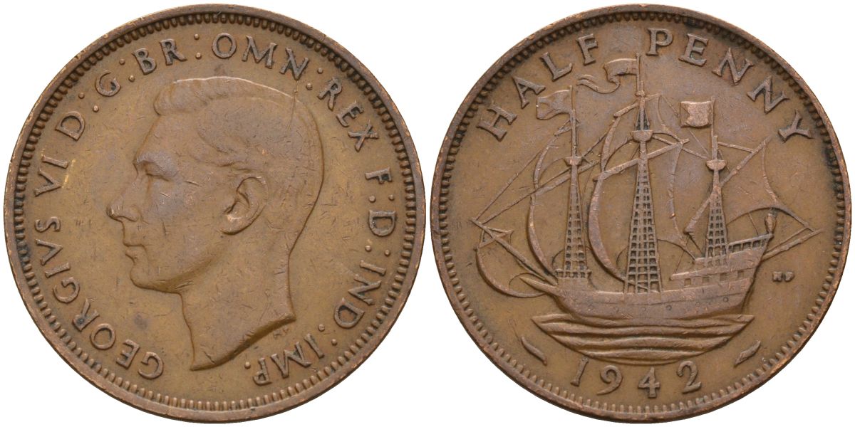 Великобритания 1/2 пенни 1942 Георг VI (1936-1952) KM 844, Spink 4115 бронза 4153-825
