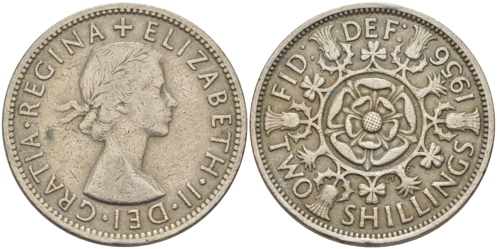 Великобритания 2 шиллинга (флорин) 1956 Елизавета II (1952-2022) KM 906, Spink 4146 медно-никель 38-231