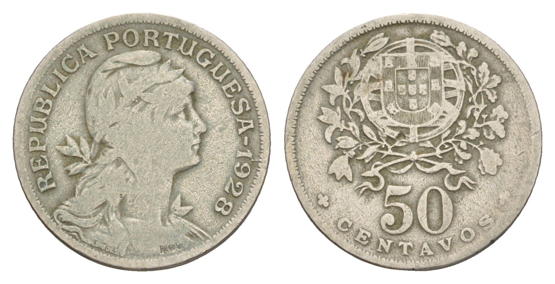 Португалия 50 сентаво 1928 KM 577 никель латунь 4654-331