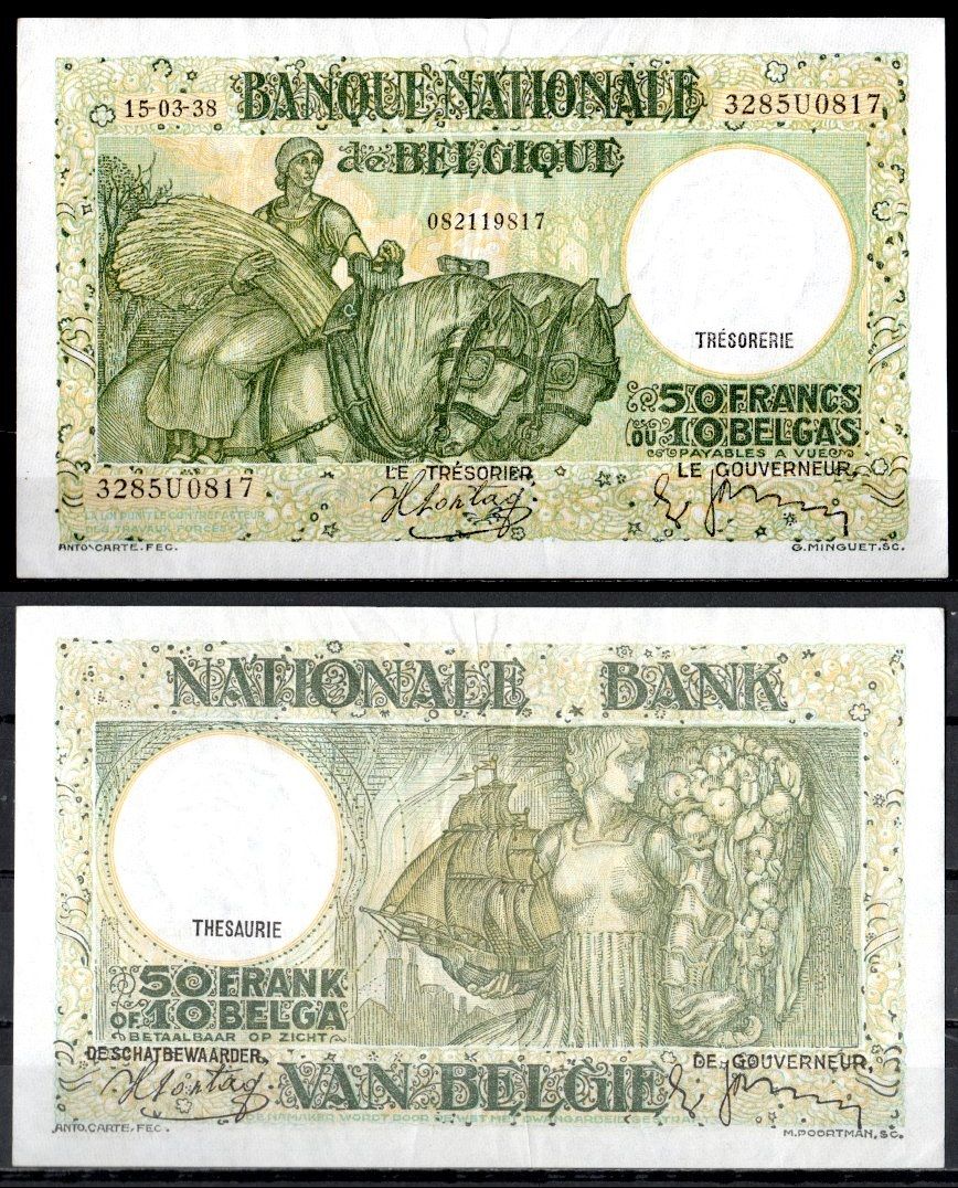 Бельгия 50 франков = 10 бельгас 1938 Женщина со снопом зерна, лошадьми, аллегорическая женщина с парусным кораблем и рогом изобилия Pick 106(2) бумага 451-1085-3