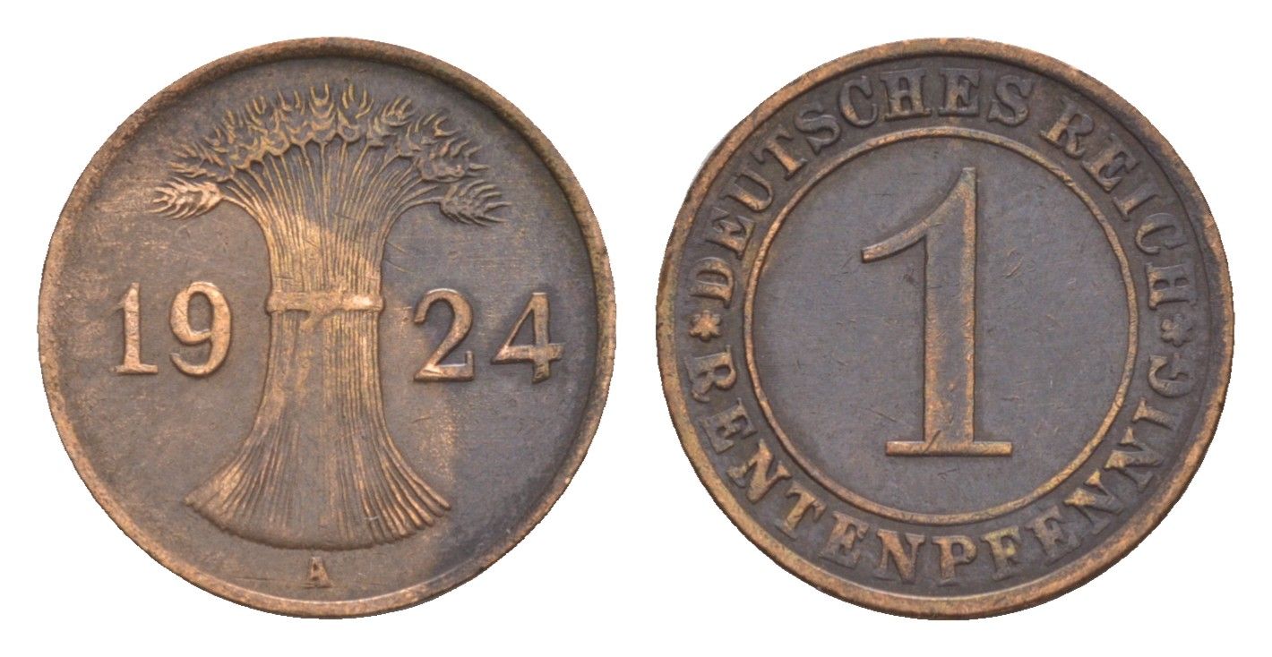 Германия 1 рентенпфенниг 1924 A KM 30, J. 306 бронза 4658-816
