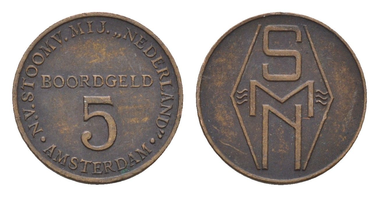 Нидерланды жетон 5 центов 1947-1957 BOORDGELD - корабельные деньги, использовались на кораблях при вывозе эмигрантов, для предотвращения вывоза валюты бронза 4659-1133