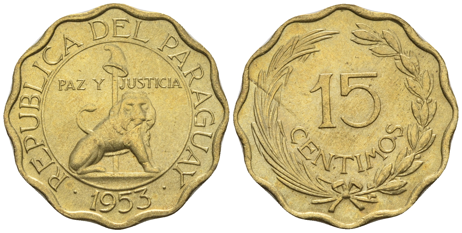 Парагвай 15 сентимо 1953 лев, фригийский колпак на шесте KM 26 алюминиевая бронза  aUNC  4177-1047
