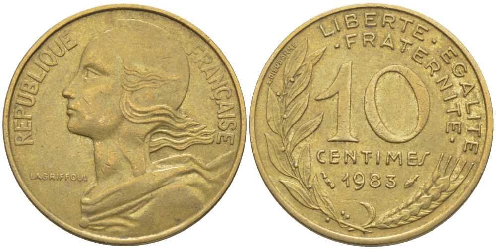ФРАНЦИЯ 10 САНТИМОВ 1983 ТИП MARIANNE KM 929, LE FRANC 144.23 медь алюминий никель 116-128