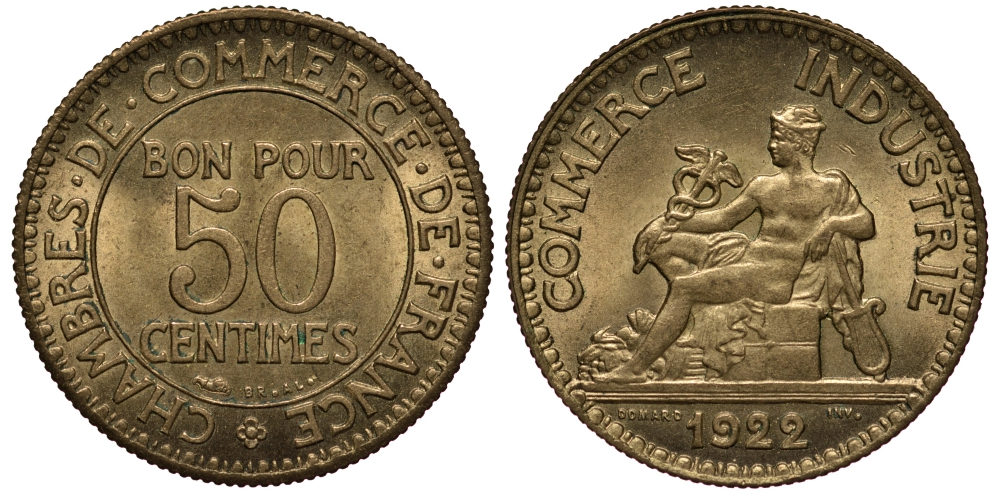 Франция 50 сантимов 1922 тип Chambre de Commerce KM 884, Le Franc 191.5 алюминиевая бронза 201-849