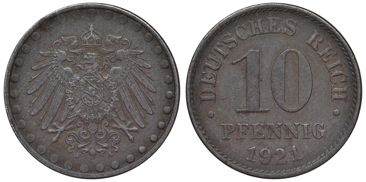 Германия 10 пфеннигов 1921 A KM 20, J. 298 железо 4119-225