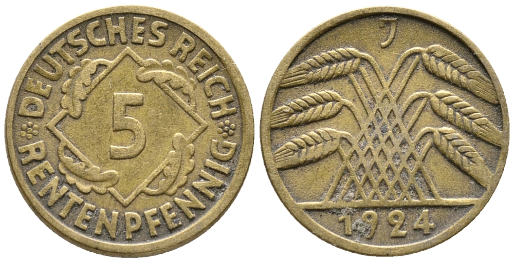 ГЕРМАНИЯ 5 РЕНТЕНПФЕННИГОВ 1924 J KM 32, J. 308 алюминиевая бронза 39-527