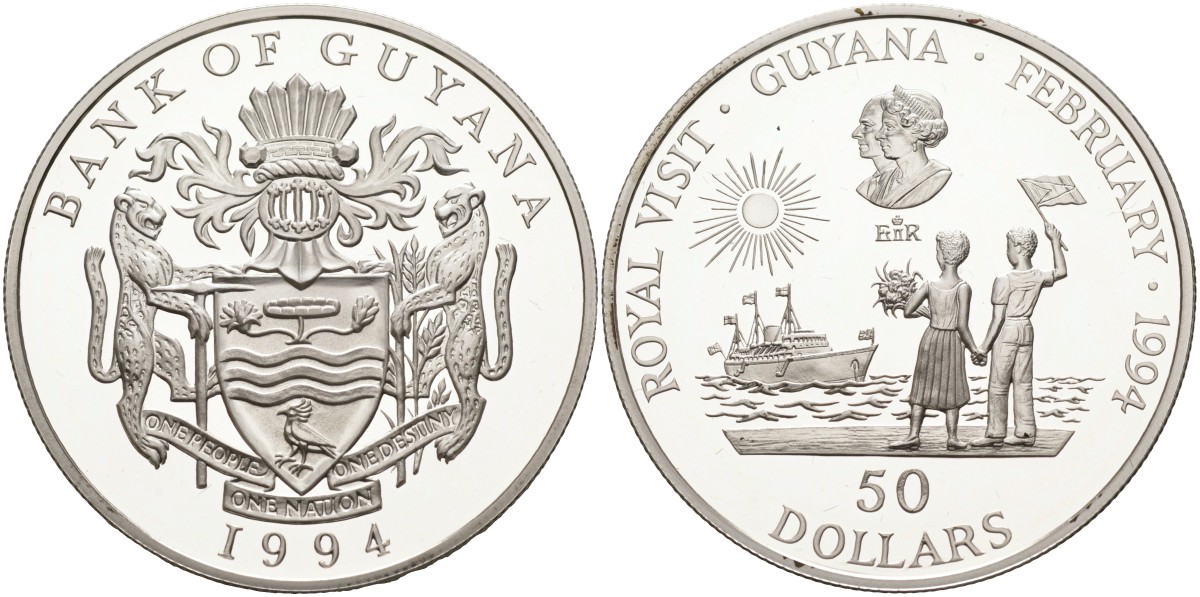 Гайана 50 долларов 1994 королевский визит в Гайану, в оригинальной коробке KM 48 серебро PROOF 00-00