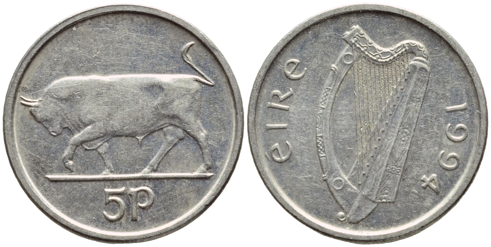 ИРЛАНДИЯ 5 ПЕНСОВ 1994 БЫК KM 28 медно-никель 4396-518