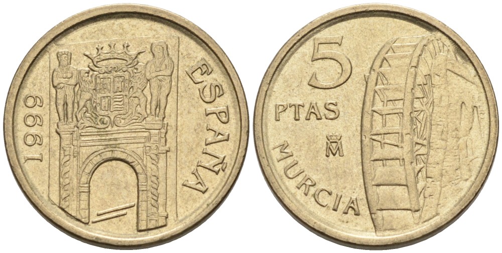 Испания 5 песет 1999 MURCIA, Хуан Карлос I KM 1008 латунь 71-158