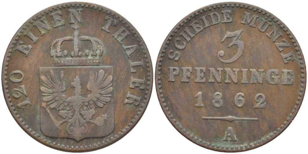 ПРУССИЯ 3 ПФЕННИГА 1862 А, ВИЛЬГЕЛЬМ I (1861-1888) KM 482 медь 117-1053