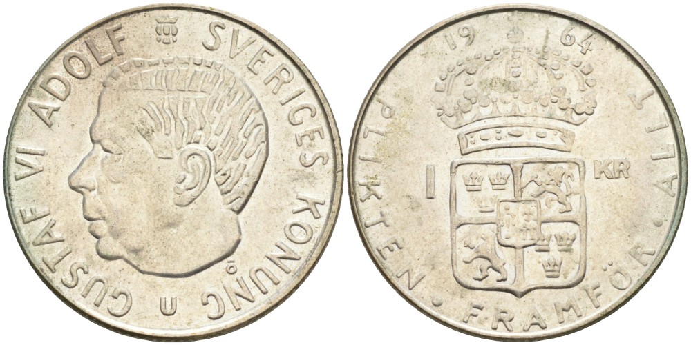 Швеция 1 крона 1964 U, Густав VI Адольф (1950-1973) KM 826 серебро 4542-436