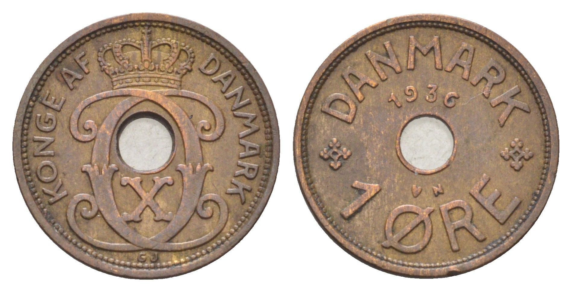 Дания 1 эре 1936 N, Кристиан X (1912-1947) KM 826 бронза 4701-611