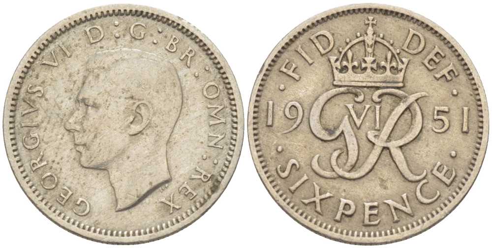 Великобритания 6 пенсов 1951 Георг VI (1936-1952) KM 875, Spink 4110 медно-никель 211-652
