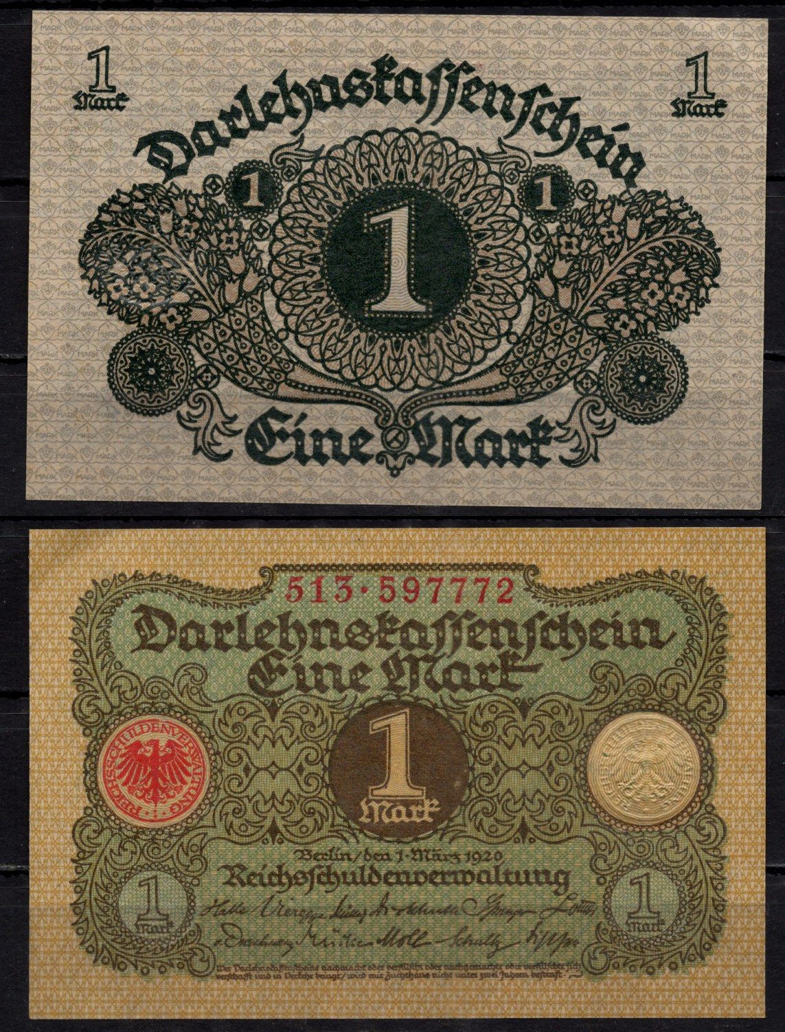 Германия 1 марка 1920 Pick 58 бумага aUNC 7198-22-2-2