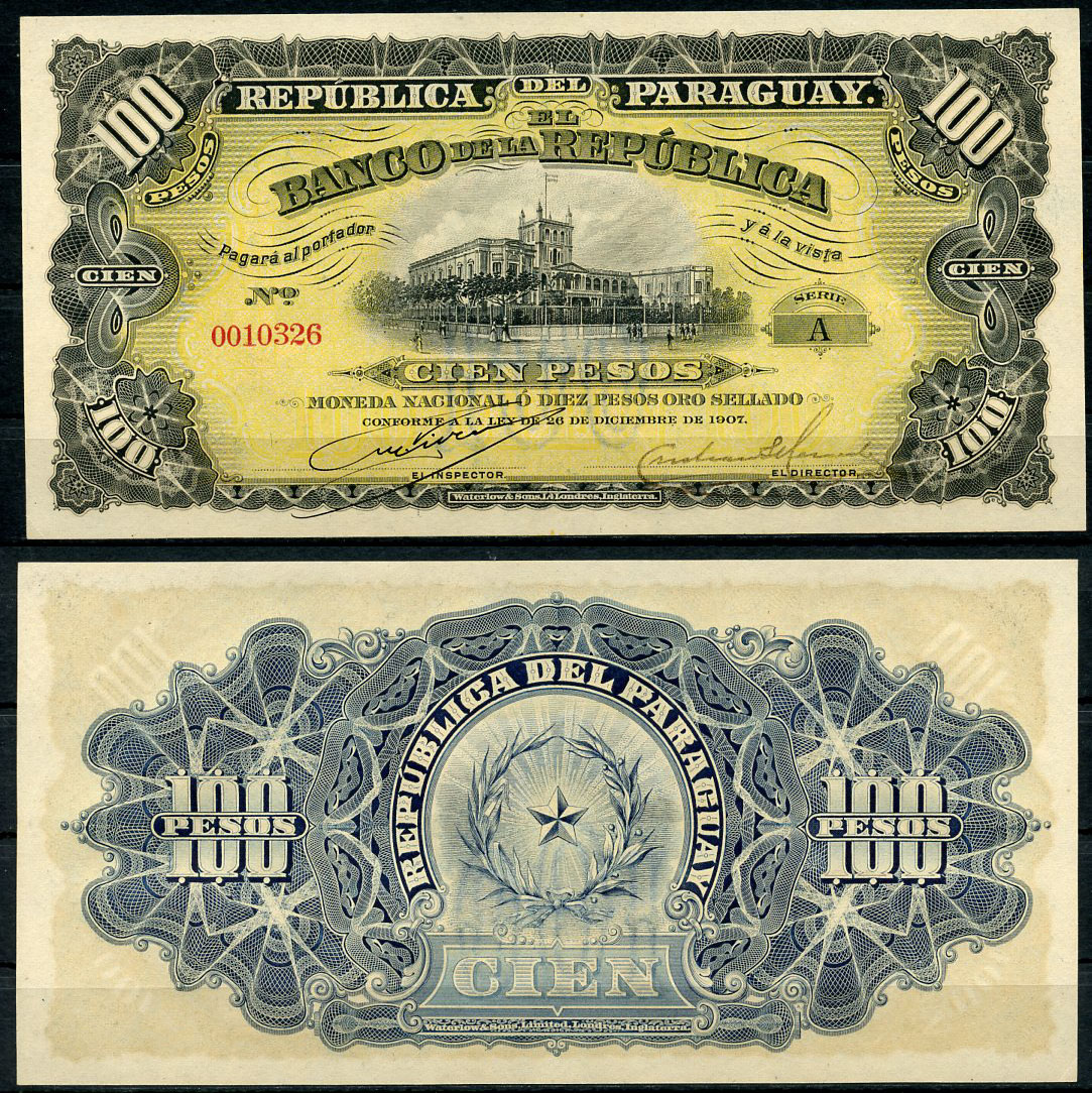 Парагвай 100 песо 1907 серия А, дворец Лос Лопес, Асунсьон Pick 159 (3)  бумага  UNC (пресс) 451-72-2